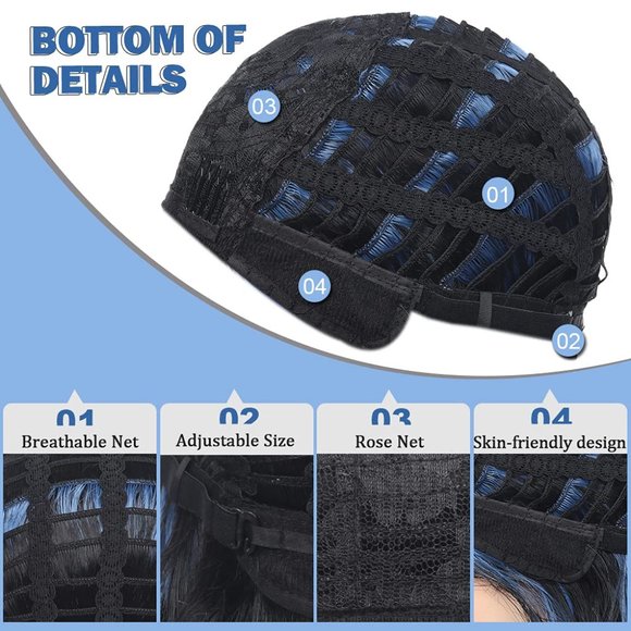 Women 14 Inches Black Mixed Blue Synthetic Short Curly Wigs with Bangs - Picture 6 of 15